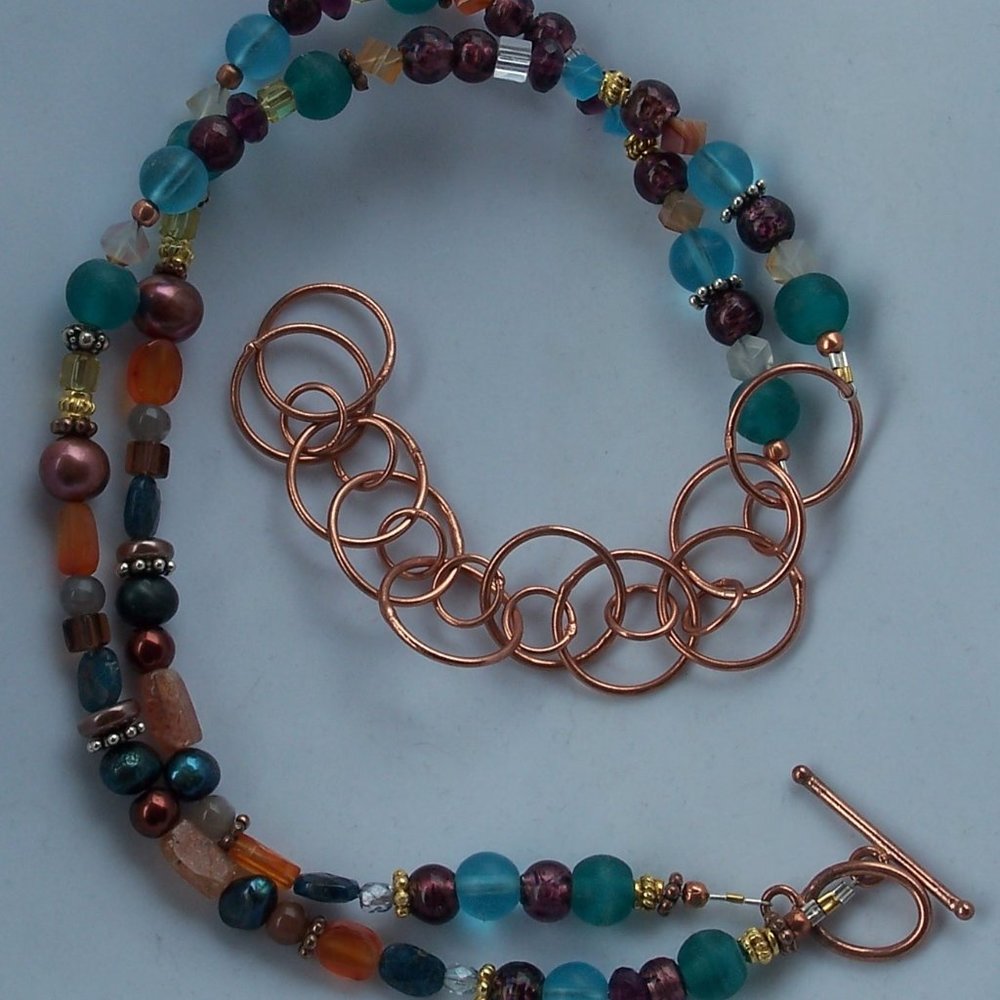 Handmade Statement Necklace With Teal and Brown Beads and Pearls 23 Inches NWT